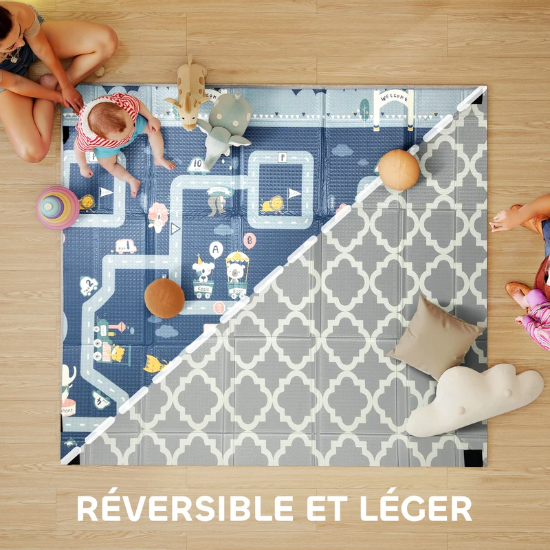Tapis de jeu pliable pour bébé 202 x 180,5 x 1 cm surface réversible antidérapante design moderne salon en xpe gris 21_0000756