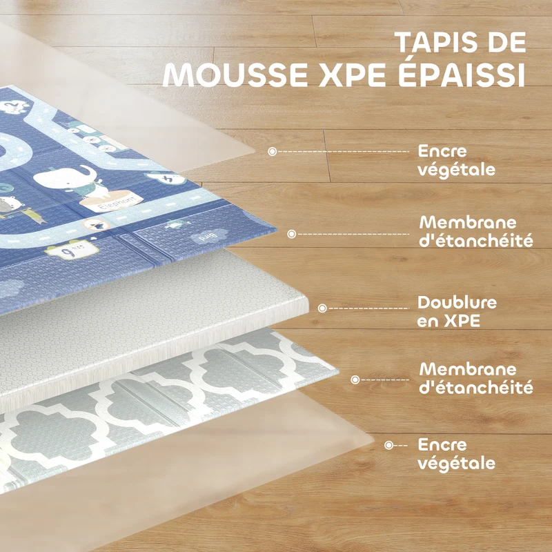 Tapis de jeu pliable pour bébé 202 x 180,5 x 1 cm surface réversible antidérapante design moderne salon en xpe gris 21_0000756