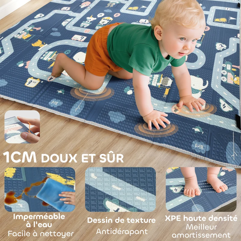 Tapis de jeu pliable pour bébé 202 x 180,5 x 1 cm surface réversible antidérapante design moderne salon en xpe gris 21_0000756