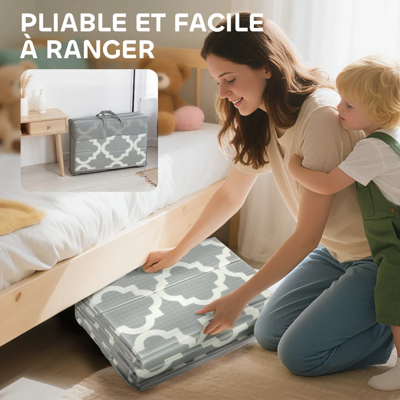 Tapis de jeu pliable pour bébé 202 x 180,5 x 1 cm surface réversible antidérapante design moderne salon en xpe gris 21_0000756