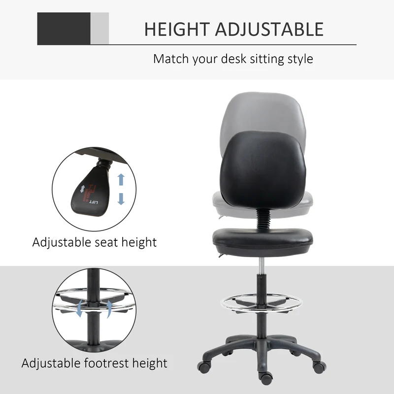 Tabouret réglable à roulettes pour salon 50 x 46 x 69-91 cm assise ergonomique dossier inclinable moderne en PVC noir 21_0006221