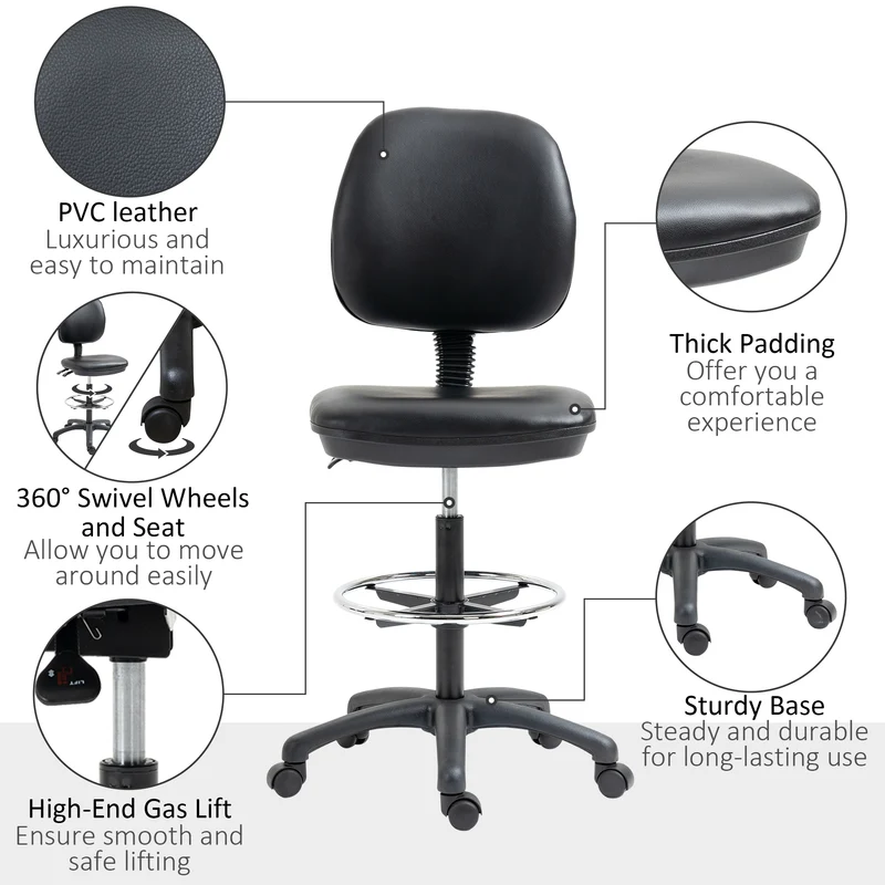 Tabouret réglable à roulettes pour salon 50 x 46 x 69-91 cm assise ergonomique dossier inclinable moderne en PVC noir 21_0006221