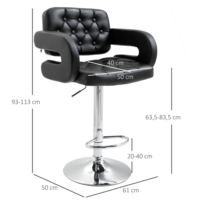 Tabouret de bar pivotant réglable 61 x 50 x 93-113 cm assise rembourrée accoudoirs design moderne salon en PU noir 21_0002160