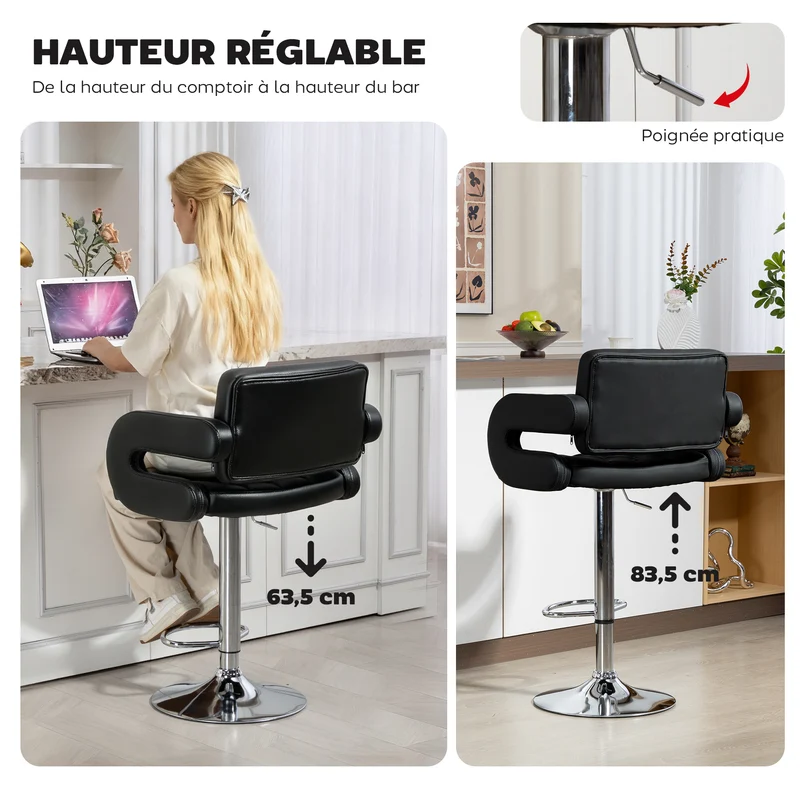 Tabouret de bar pivotant réglable 61 x 50 x 93-113 cm assise rembourrée accoudoirs design moderne salon en PU noir 21_0002160