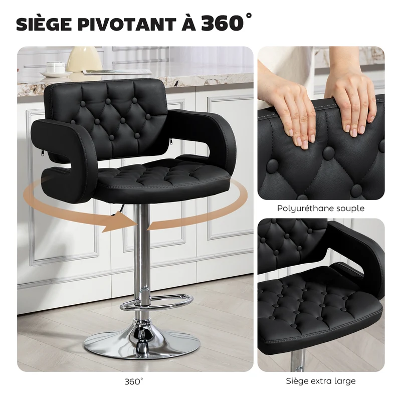 Tabouret de bar pivotant réglable 61 x 50 x 93-113 cm assise rembourrée accoudoirs design moderne salon en PU noir 21_0002160