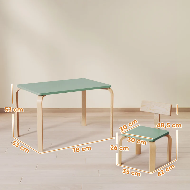 Table enfant avec 2 chaises pour dessiner 78 x 53 x 53 cm bords arrondis stable style scandinave en bois de peuplier vert 21_0000229