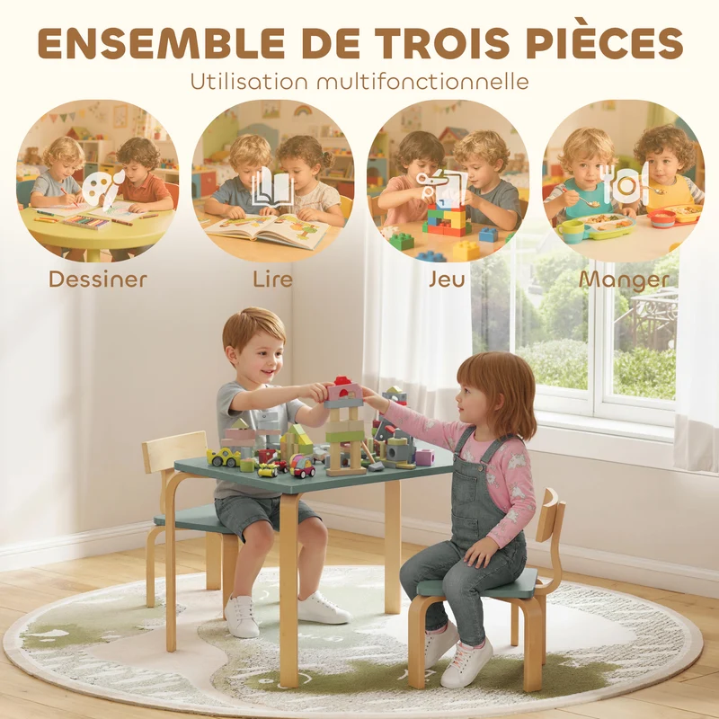 Table enfant avec 2 chaises pour dessiner 78 x 53 x 53 cm bords arrondis stable style scandinave en bois de peuplier vert 21_0000229