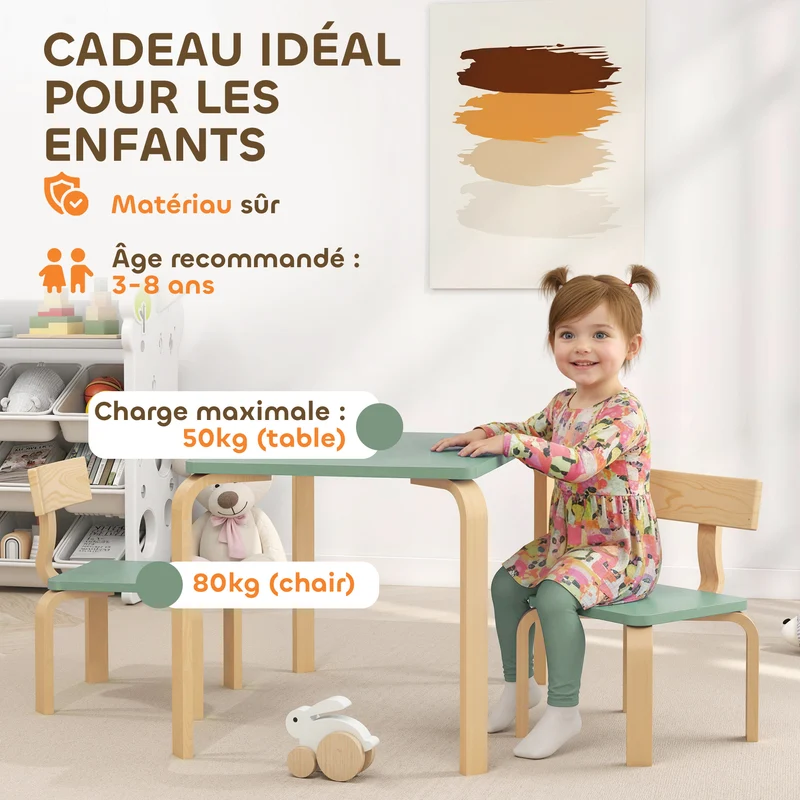 Table enfant avec 2 chaises pour dessiner 78 x 53 x 53 cm bords arrondis stable style scandinave en bois de peuplier vert 21_0000229