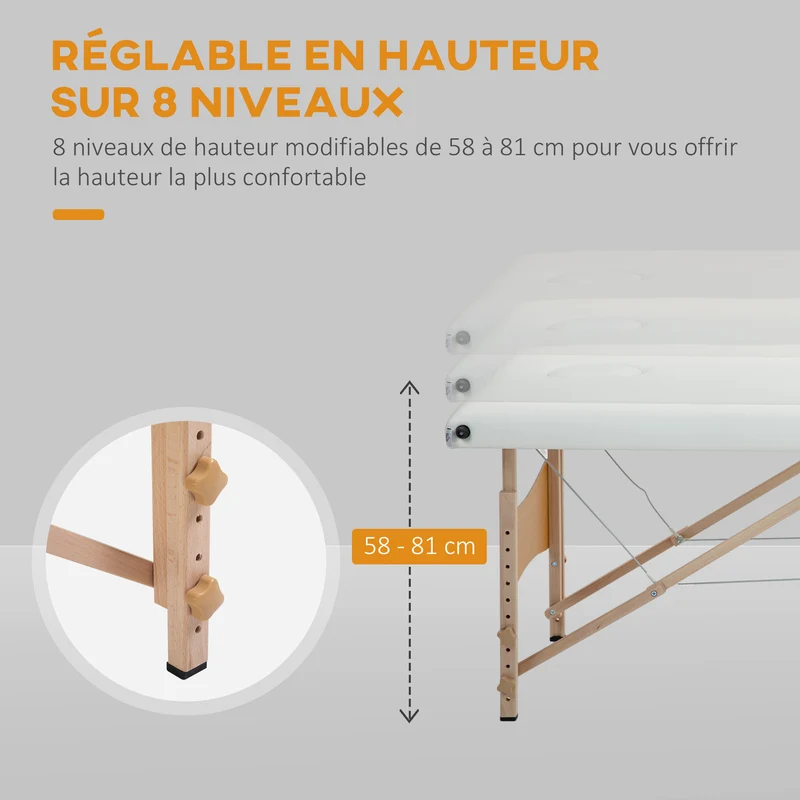 Table de massage pliante 186 x 60 x 61-87 cm hauteur réglable appui facial amovible charge 150 kg moderne en PVC crème 21_0000771