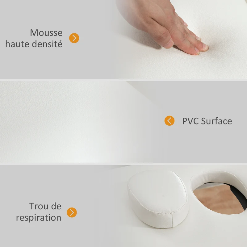 Table de massage pliante 186 x 60 x 61-87 cm hauteur réglable appui facial amovible charge 150 kg moderne en PVC crème 21_0000771
