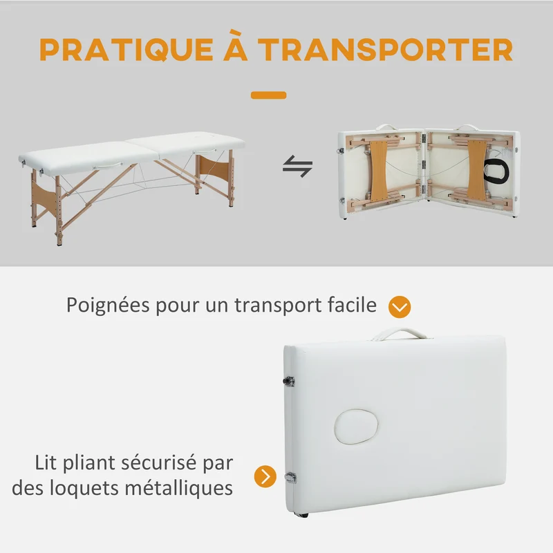 Table de massage pliante 186 x 60 x 61-87 cm hauteur réglable appui facial amovible charge 150 kg moderne en PVC crème 21_0000771