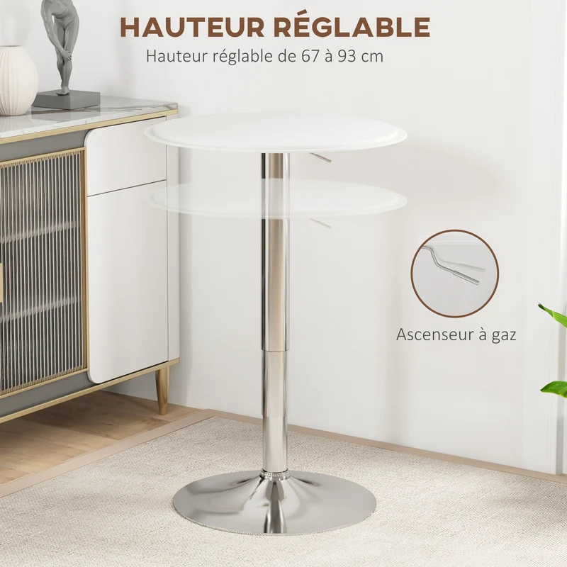 Table de bar bistro hauteur réglable 67-93 x 63 x 63 cm plateau pivotant 360° pratique style contemporain en PU blanc 21_0003245