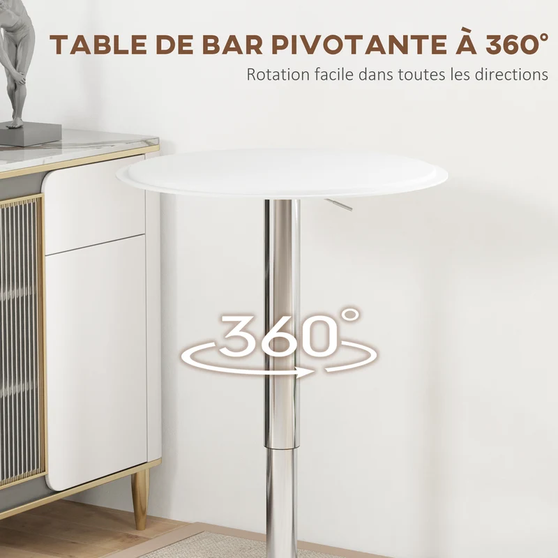 Table de bar bistro hauteur réglable 67-93 x 63 x 63 cm plateau pivotant 360° pratique style contemporain en PU blanc 21_0003245