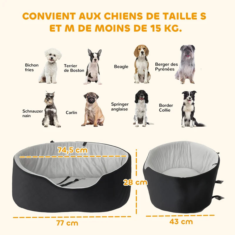 Siège auto pour chien voiture 77 x 43 x 28 cm sécurité accrue assise rembourrée moderne contemporain en polyester noir 21_0007261