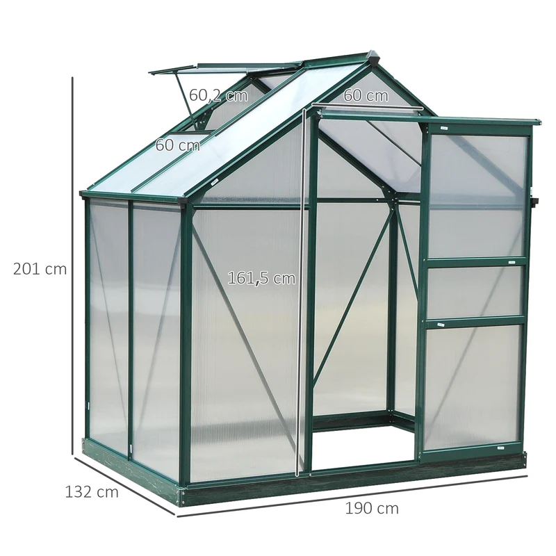 Serre de jardin 190 x 132 x 201 cm résistante aux uv fondation renforcée contemporain épuré en polycarbonate vert foncé 21_0004049