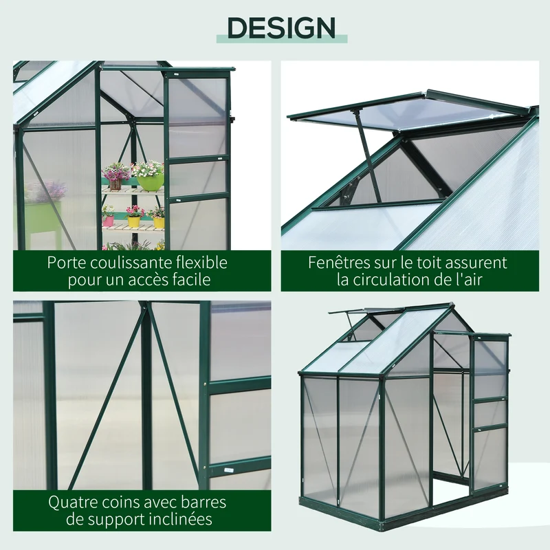 Serre de jardin 190 x 132 x 201 cm résistante aux uv fondation renforcée contemporain épuré en polycarbonate vert foncé 21_0004049