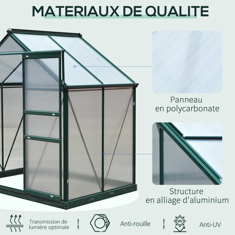 Serre de jardin 190 x 132 x 201 cm résistante aux uv fondation renforcée contemporain épuré en polycarbonate vert foncé 21_0004049