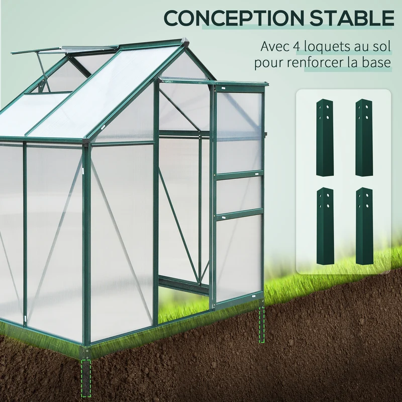 Serre de jardin 190 x 132 x 201 cm résistante aux uv fondation renforcée contemporain épuré en polycarbonate vert foncé 21_0004049