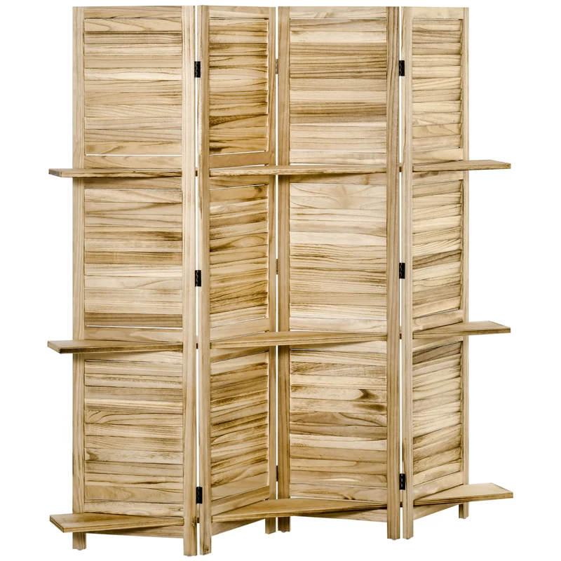 Paravent intérieur 4 panneaux 162 x 1.8 x 170 cm autoportant 3 étagères portes persiennes contemporain en bois naturel 21_0001233