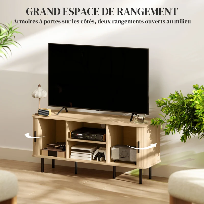 Meuble télévision pour salon 120 x 40 x 55 cm rangement optimisé gestion des câbles scandinave épuré stable en MDF chêne 21_0003421