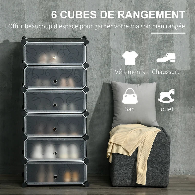 Meuble rangement chaussures modulable entrée 49 x 36,5 x 108 cm capacité 12 paires translucide moderne épuré en PP noir 21_0005797