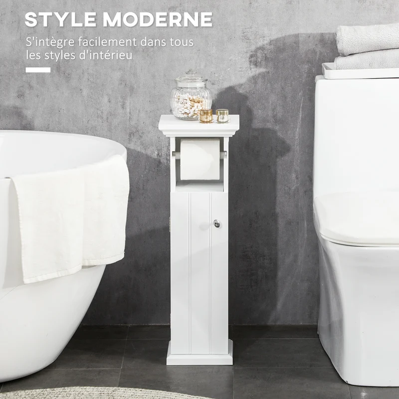 Meuble porte-papier toilette colonne 21.5 x 17.8 x 66.5 cm gain de place placard style épuré contemporain en MDF blanc 21_0001950