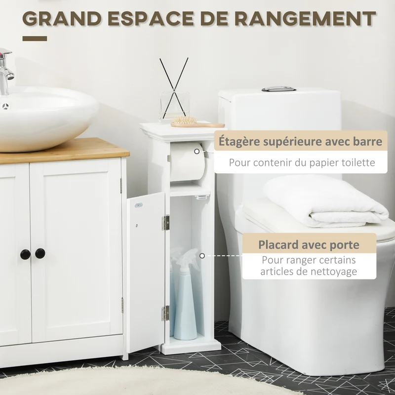 Meuble porte-papier toilette colonne 21.5 x 17.8 x 66.5 cm gain de place placard style épuré contemporain en MDF blanc 21_0001950