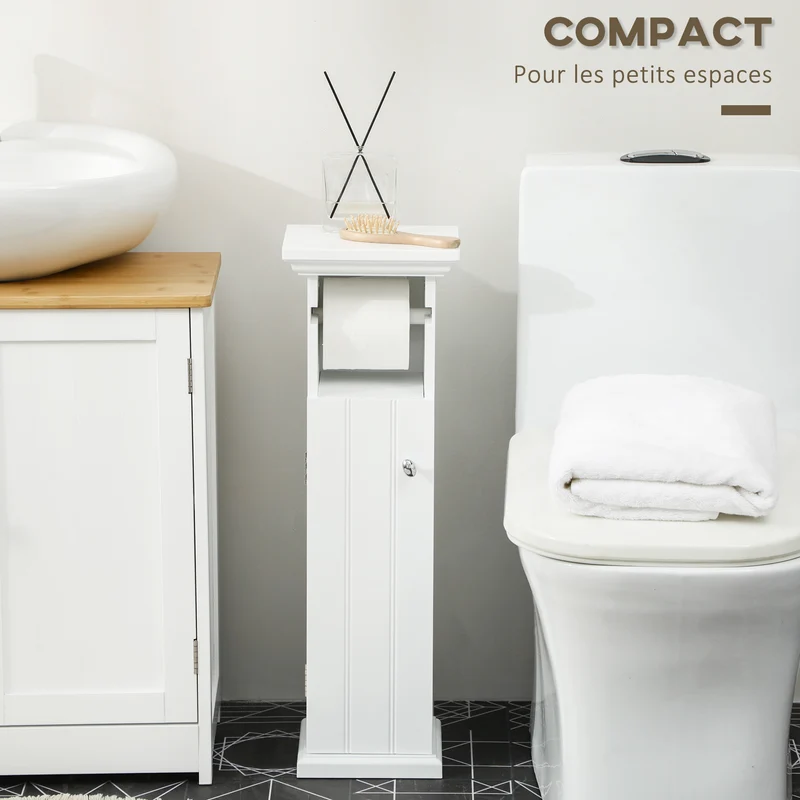 Meuble porte-papier toilette colonne 21.5 x 17.8 x 66.5 cm gain de place placard style épuré contemporain en MDF blanc 21_0001950