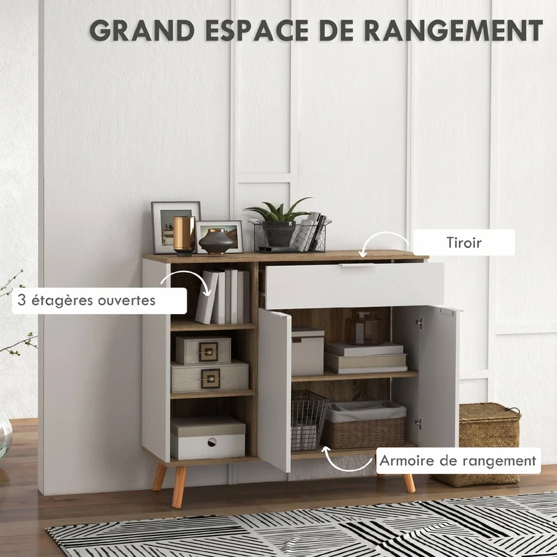 Meuble de rangement buffet cuisine 95 x 35 x 85 cm grand rangement modulable tiroir placard scandinave épuré en MDF blanc 21_0003159