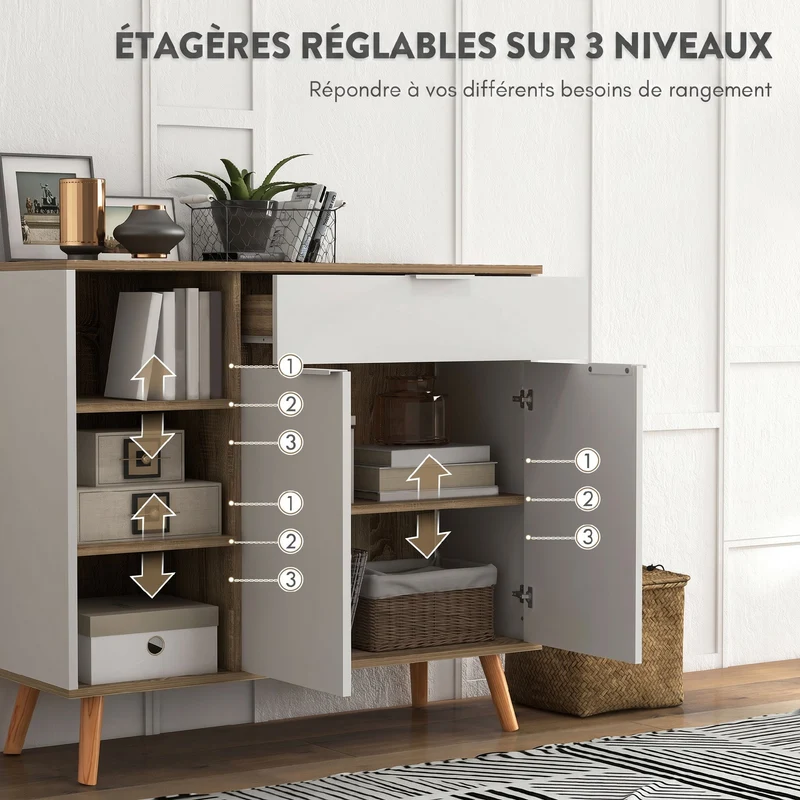 Meuble de rangement buffet cuisine 95 x 35 x 85 cm grand rangement modulable tiroir placard scandinave épuré en MDF blanc 21_0003159