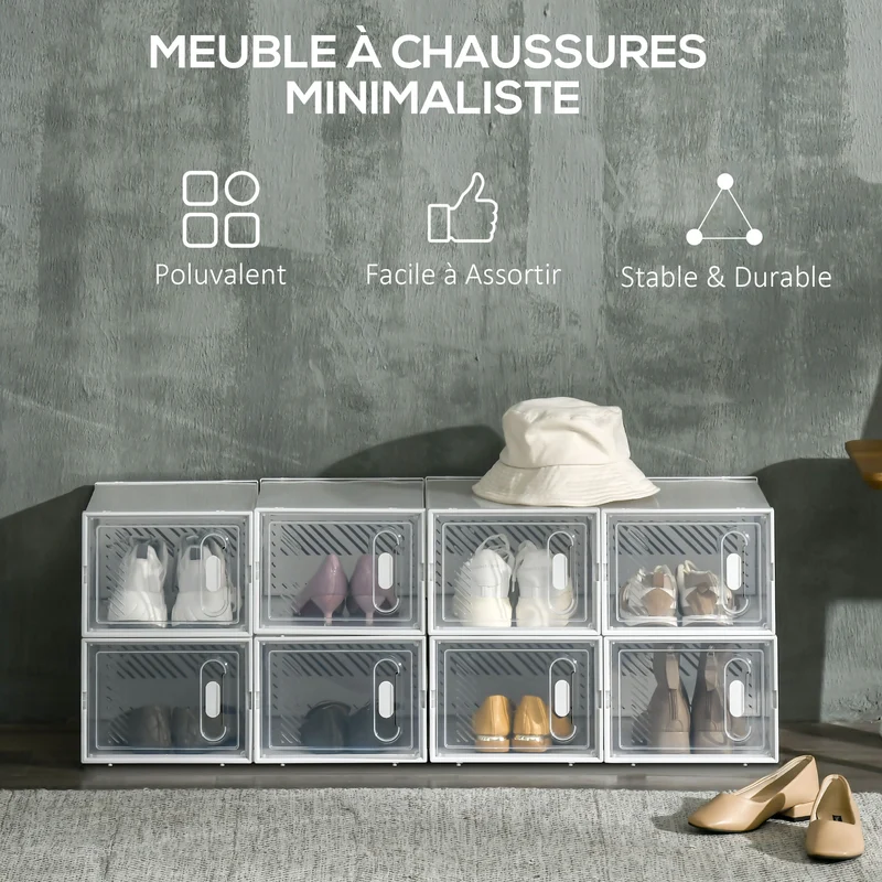 Lot de 8 boîtes cubes rangement chaussures modulable 25 x 35 x 19 cm portes transparentes empilable épuré en PP blanc 21_0005800
