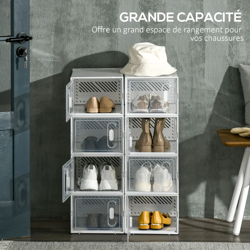 Lot de 8 boîtes cubes rangement chaussures modulable 25 x 35 x 19 cm portes transparentes empilable épuré en PP blanc 21_0005800