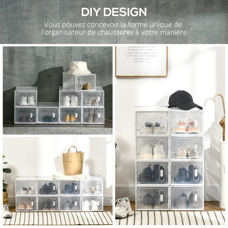 Lot de 8 boîtes cubes rangement chaussures modulable 25 x 35 x 19 cm portes transparentes empilable épuré en PP blanc 21_0005800
