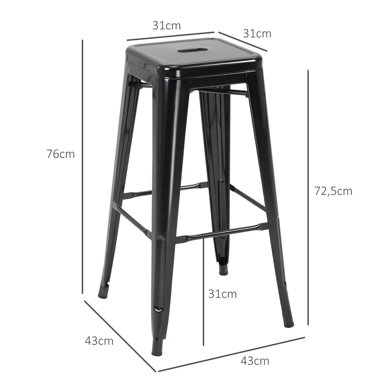 Lot de 4 tabourets de bar empilables 43 x 43 x 76 cm avec repose-pied anti-rayures style industriel en métal époxy noir 21_0002189
