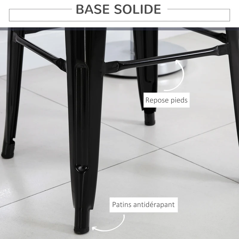 Lot de 4 tabourets de bar empilables 43 x 43 x 76 cm avec repose-pied anti-rayures style industriel en métal époxy noir 21_0002189