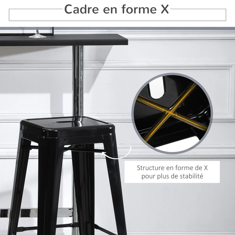 Lot de 4 tabourets de bar empilables 43 x 43 x 76 cm avec repose-pied anti-rayures style industriel en métal époxy noir 21_0002189