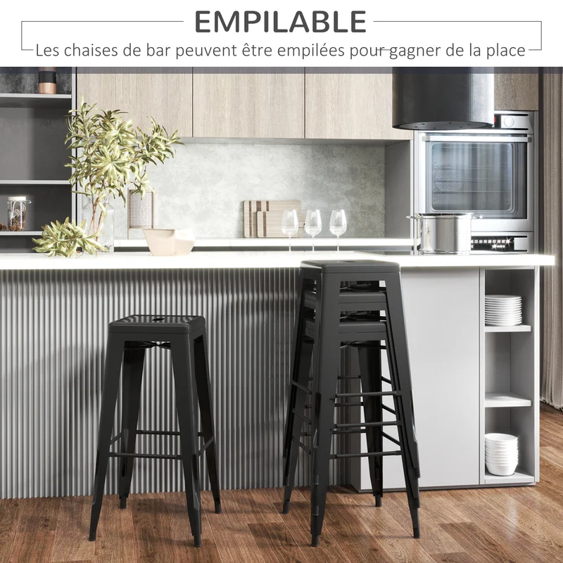 Lot de 4 tabourets de bar empilables 43 x 43 x 76 cm avec repose-pied anti-rayures style industriel en métal époxy noir 21_0002189