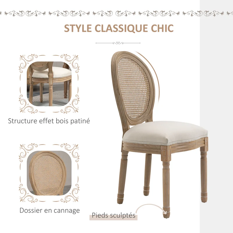 Lot de 4 chaises médaillon salle à manger 49 x 56 x 96 cm assise mousse dense dossier cannage classique en bois beige 21_0002364