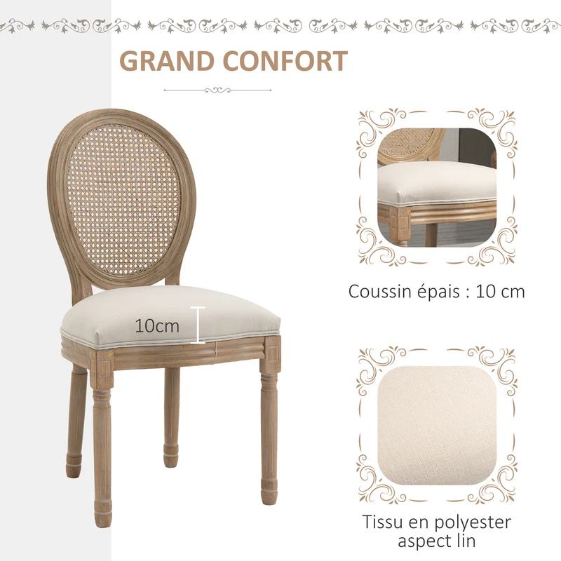 Lot de 4 chaises médaillon salle à manger 49 x 56 x 96 cm assise mousse dense dossier cannage classique en bois beige 21_0002364