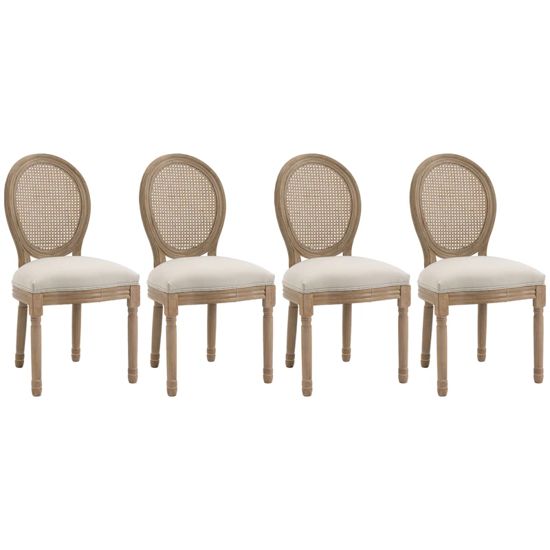 Lot de 4 chaises médaillon salle à manger 49 x 56 x 96 cm assise mousse dense dossier cannage classique en bois beige 21_0002364
