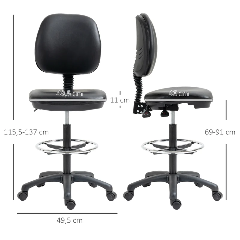 Lot de 2 tabourets à roulettes réglables salon bureau 49.5 x 46 x 69-91 cm assise rembourrée moderne en plastique noir 21_0006348
