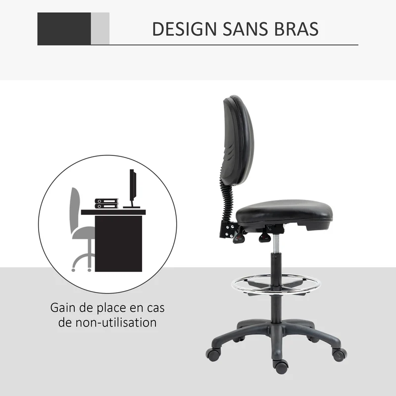 Lot de 2 tabourets à roulettes réglables salon bureau 49.5 x 46 x 69-91 cm assise rembourrée moderne en plastique noir 21_0006348