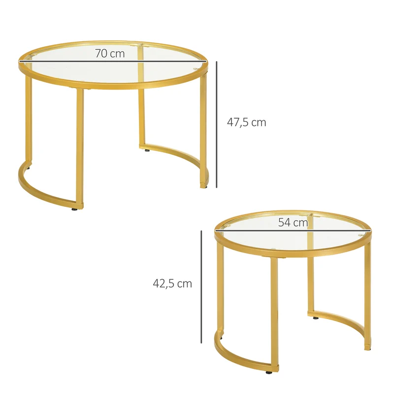 Lot de 2 tables basses gigognes rondes encastrables 70 x 48 cm et 54 x 43 cm gain de place moderne salon en acier doré 21_0003127