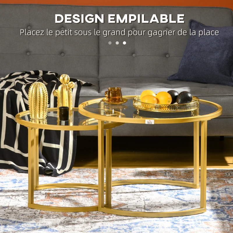 Lot de 2 tables basses gigognes rondes encastrables 70 x 48 cm et 54 x 43 cm gain de place moderne salon en acier doré 21_0003127