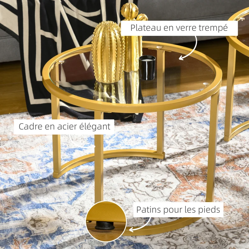 Lot de 2 tables basses gigognes rondes encastrables 70 x 48 cm et 54 x 43 cm gain de place moderne salon en acier doré 21_0003127