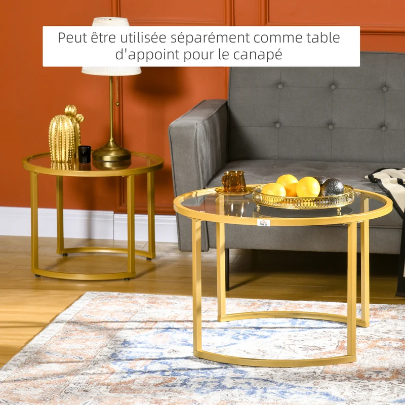 Lot de 2 tables basses gigognes rondes encastrables 70 x 48 cm et 54 x 43 cm gain de place moderne salon en acier doré 21_0003127