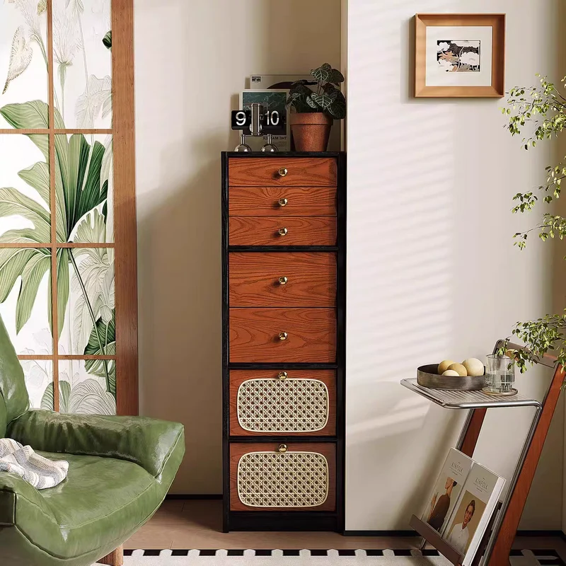 Contemporary Retro Solid Wood & Plywood Rectangular Rattan Weaving Storage Cabinet With 7-Drawer Organizer For Living Room
