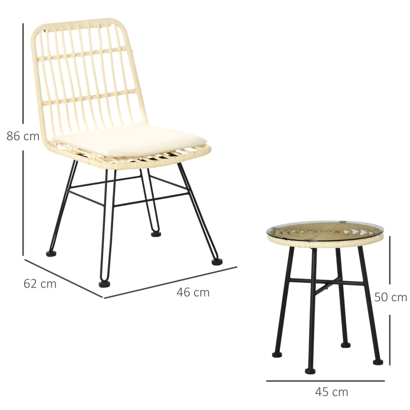 Ensemble bistro extérieur 3 pièces 45 x 50 cm coussins déhoussables confortable style tendance en résine tressée crème 21_0006014