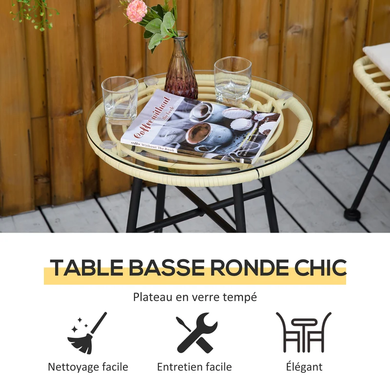 Ensemble bistro extérieur 3 pièces 45 x 50 cm coussins déhoussables confortable style tendance en résine tressée crème 21_0006014