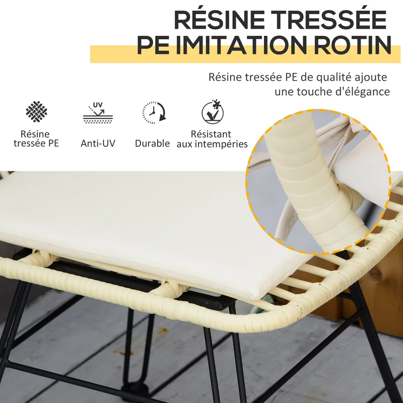 Ensemble bistro extérieur 3 pièces 45 x 50 cm coussins déhoussables confortable style tendance en résine tressée crème 21_0006014